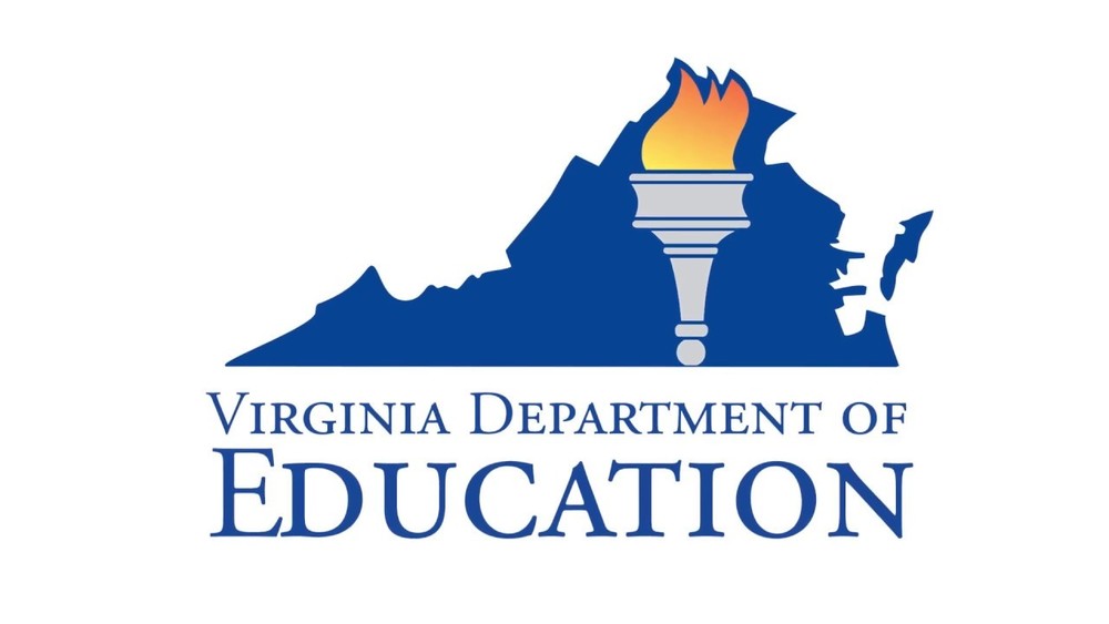 A picture of the Virginia Department of Education Logo (state of Virginia in Blue and a flaming sconce)