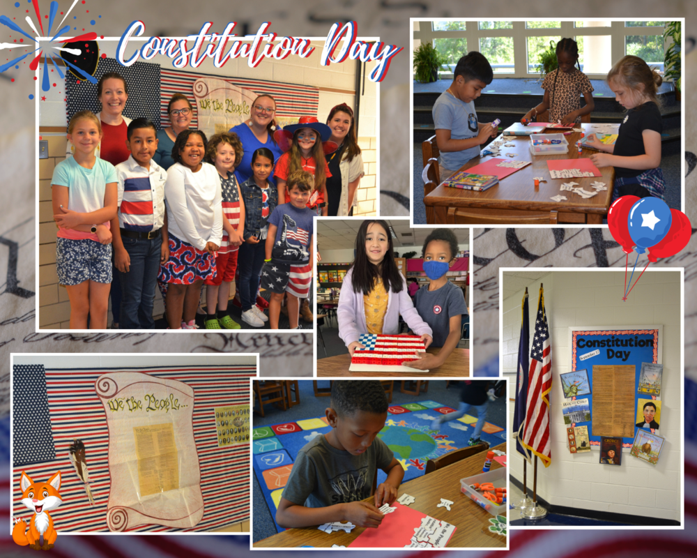 photo collage of students wearing red, white and blue, flag bulletin board, students doing activities