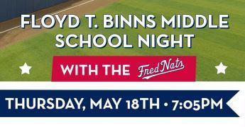 A picture of the title FTB School Night with the Fred Nats with a sub text of Thursday, May 18th 7:05 P.M.