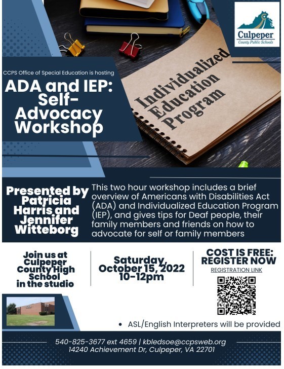 Flyer for upcoming ADA and IEP advocacy workshop