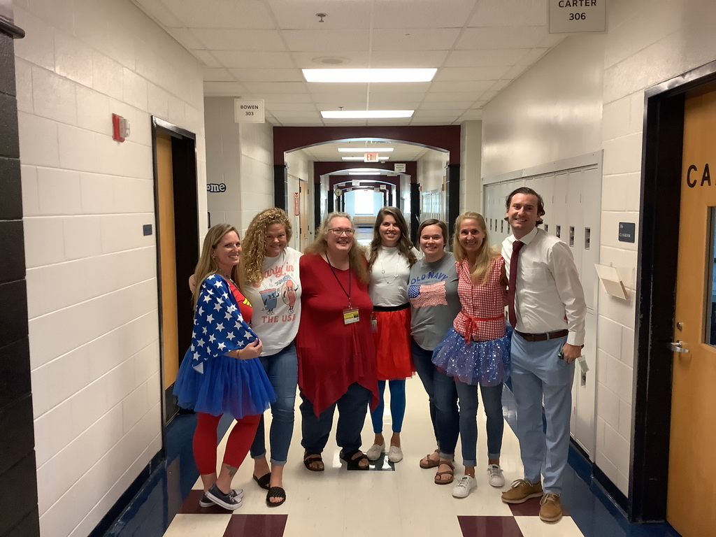 A picture of the 7th grade teachers dressed in patriotic apparel