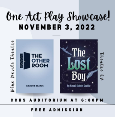 The Blue Devils Theatre department and Theatre EV will present their VHSL competition pieces at a showcase on November 3, 2022 at 6:00pm in the CCHS auditorium. Admission is free!