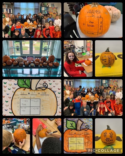 Collage of students participating in pumpkin themed math activities