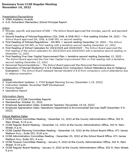 SB Agenda Summary 11/14/22