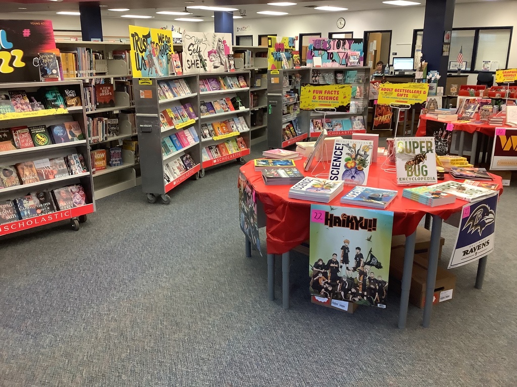 I picture of the book fair set up in the library.