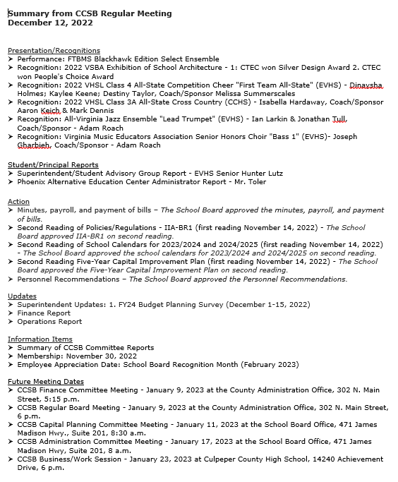 SB Agenda Summary 12/12/22