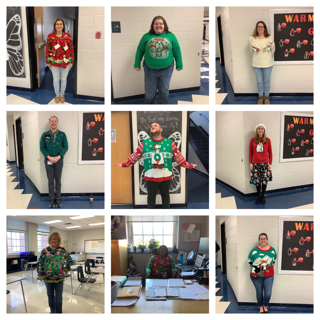 A collage of staff members wearing their ugly sweaters