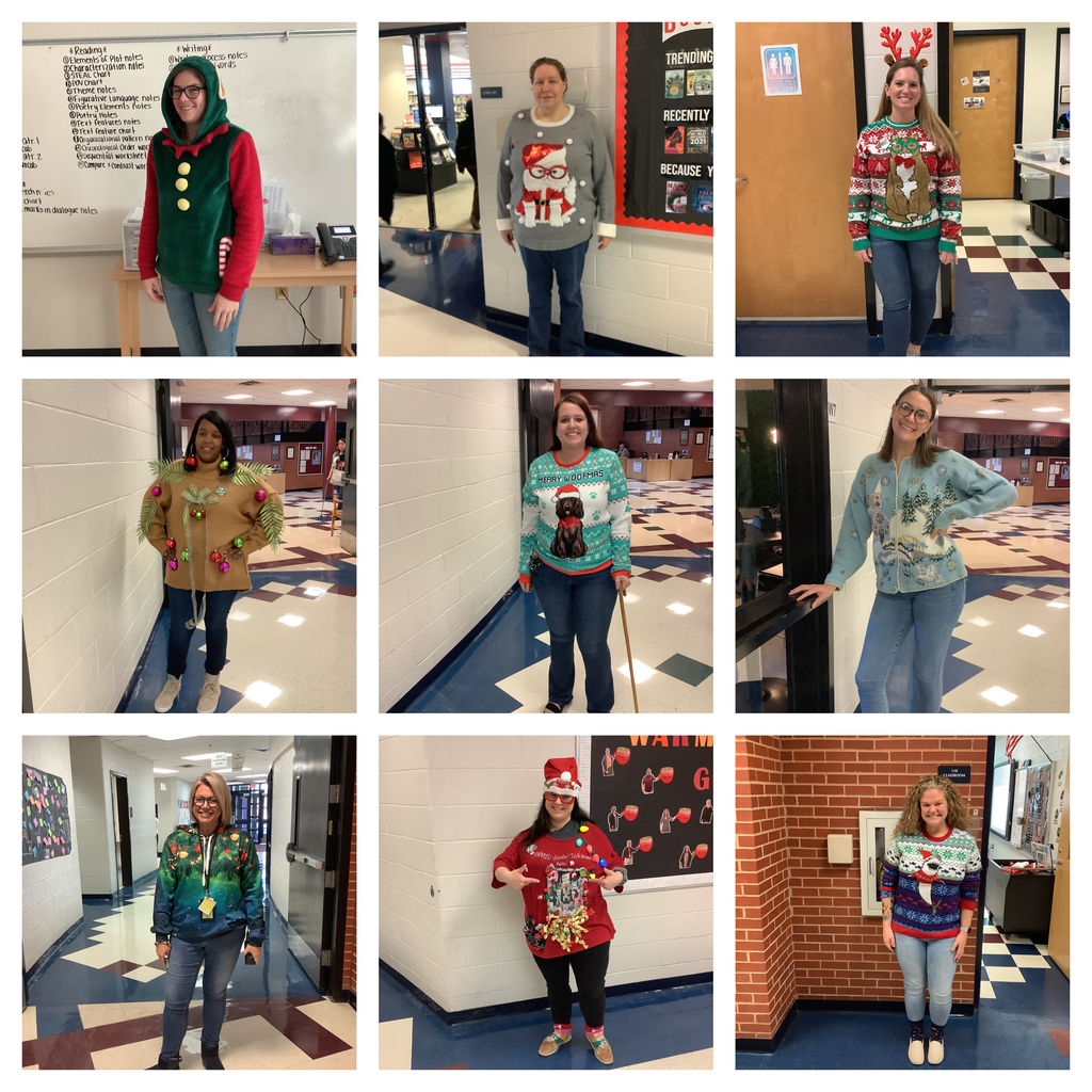 Another collage of staff members wearing their ugly sweaters