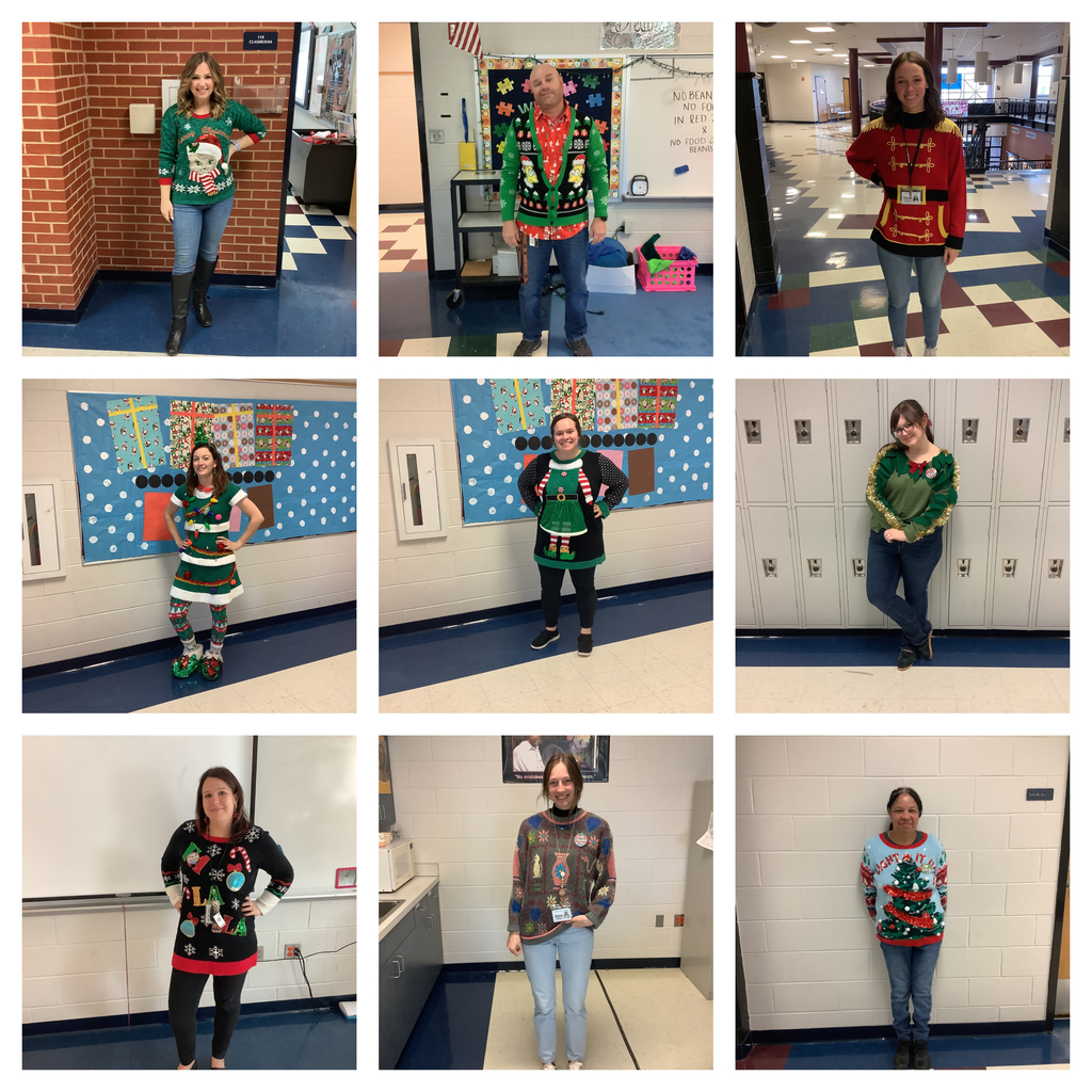 Yet another collage of staff members wearing their ugly sweaters