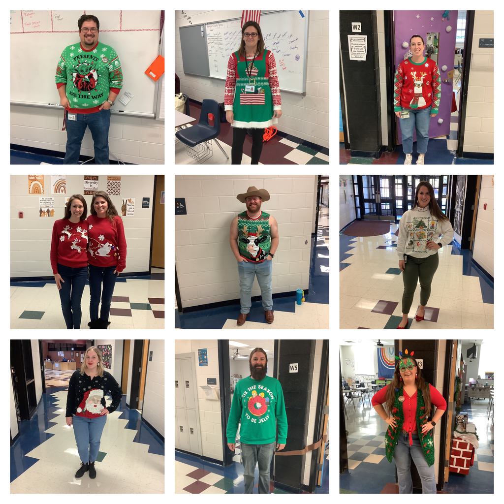 A final collage of staff members wearing their ugly sweaters
