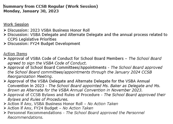 SB Agenda Summary 1/30/23