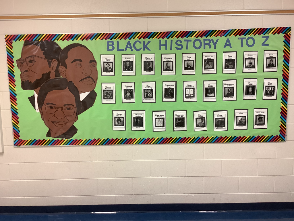 A bulletin board with many influential African American figures lined in a row