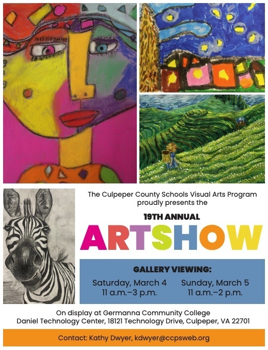 A picture of the flyer for the art show detailing times and locations, with a collage of previous student work. 