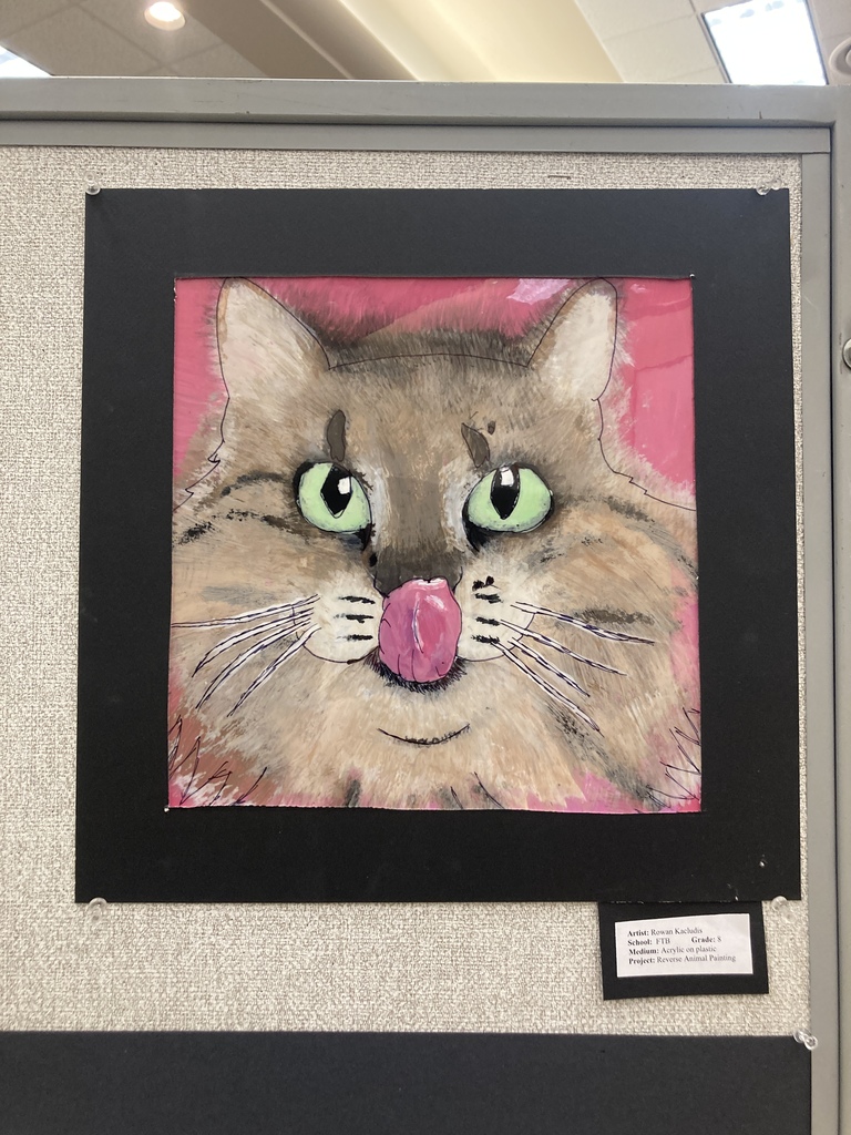 A detailed painting of a cat licking its' nose