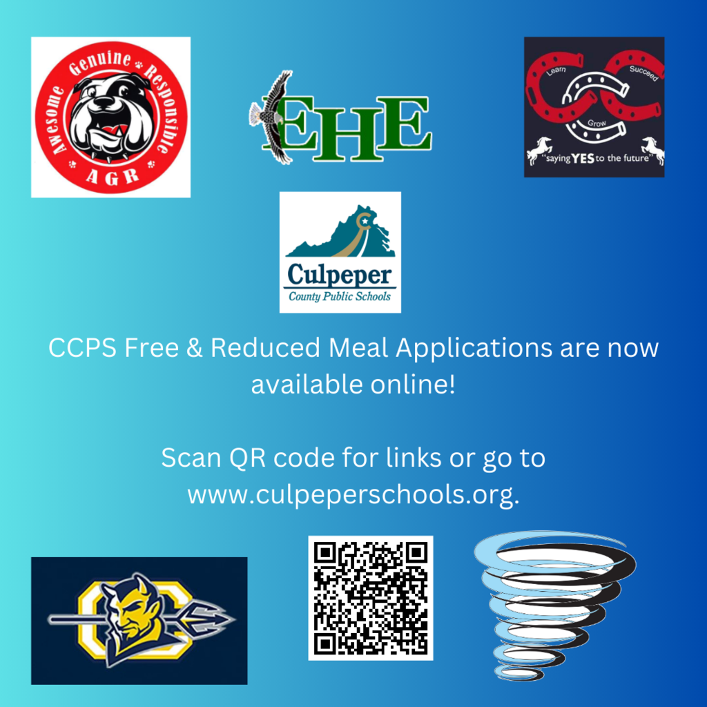 CCPS Free & Reduced Meal Applications are now available online!  Scan QR code for links or go to www.culpeperschools.org.