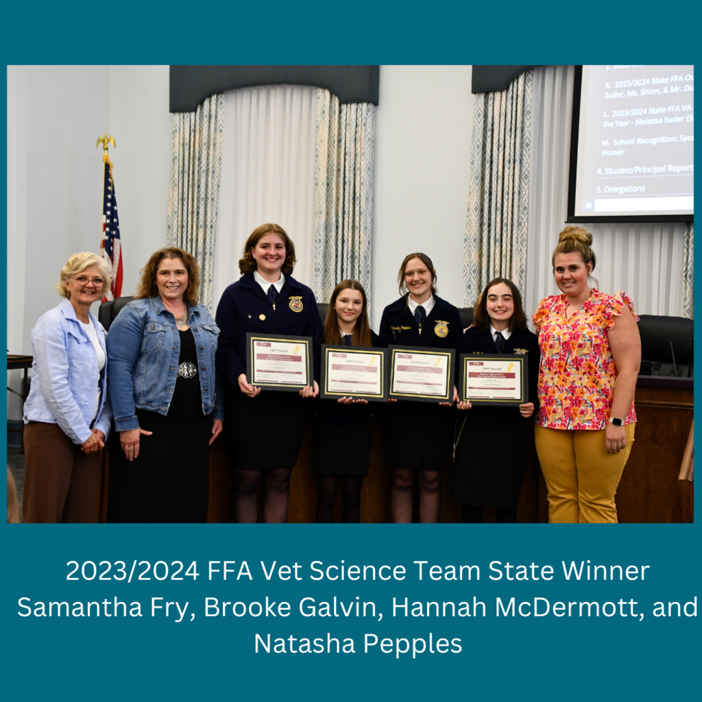 2023/2024 FFA Vet Science Team State Winner - Samantha Fry, Brooke Galvin, Hannah McDermott, and Natasha Pepples