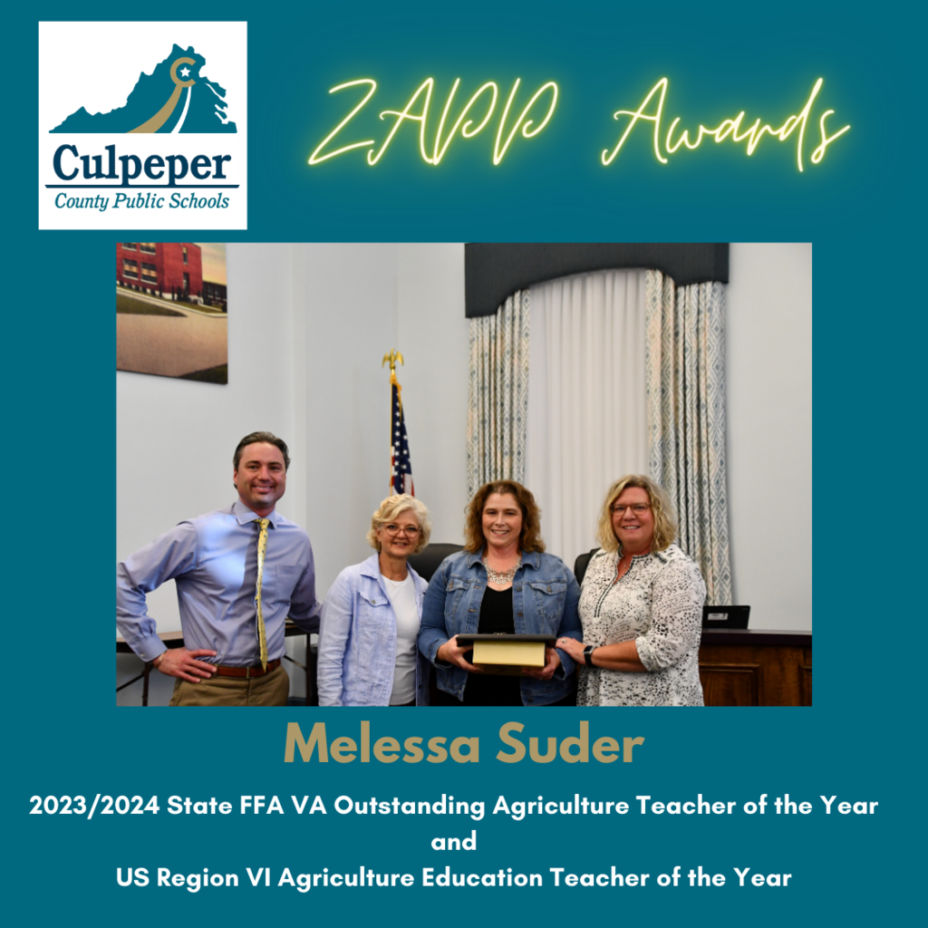 ZAPP Award 2023/2024 State FFA VA Outstanding Agriculture Teacher of the Year and US Region VI Agriculture Education Teacher of the Year - Melessa Suder