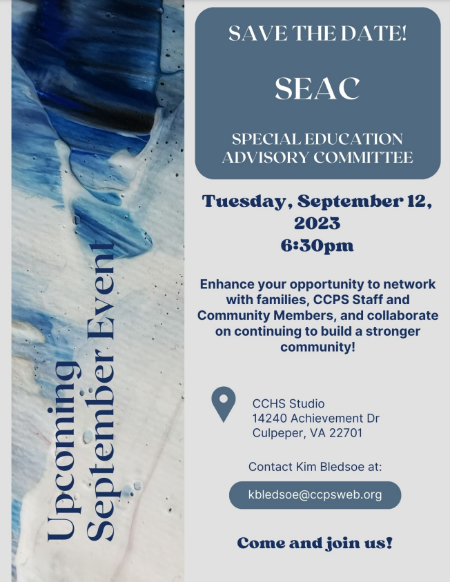 Save the Date SEAC Special Education Advisory Committee Tuesday September 12 2023 6:30 PM 