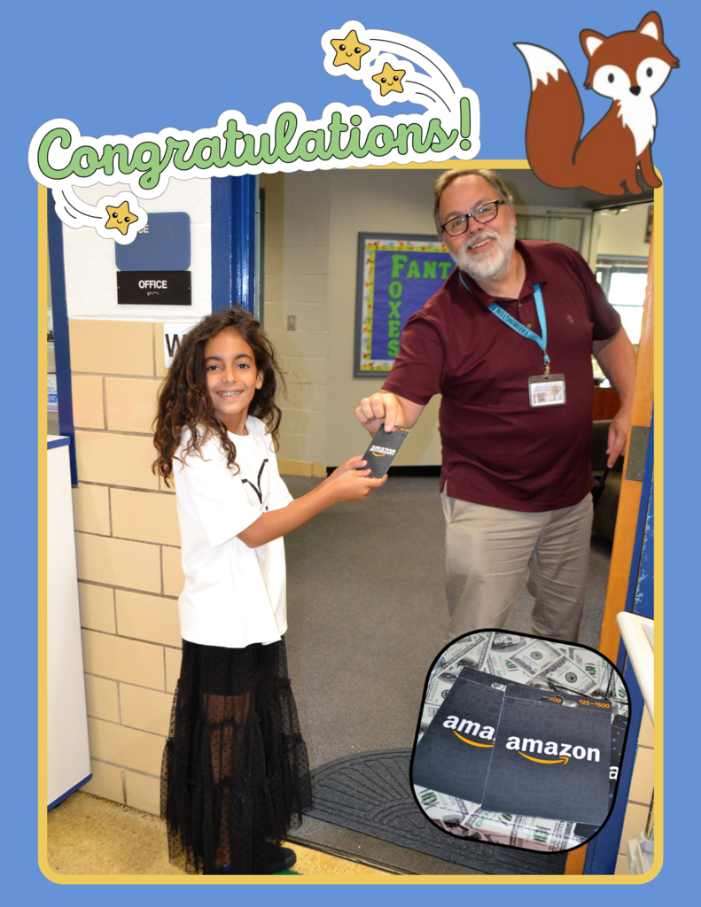 Picture of student winning an Amazon gift card from the principal.