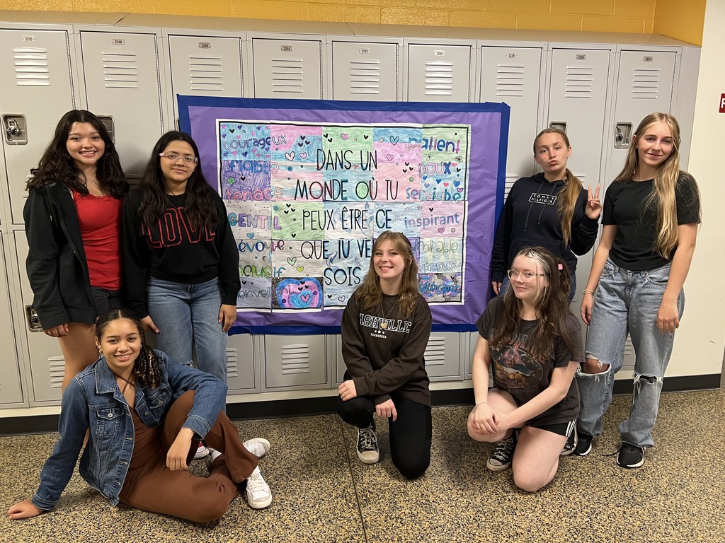 Dr. McNab's French students made collective posters this week. French 3, "We say 'no' to intimidation." French 2, "Inclusion is the solution."  French 1, "In a world where you can be anything you want, be...kind, patient, inclusive etc."  #BDP #BetterEveryDay #ForksUp