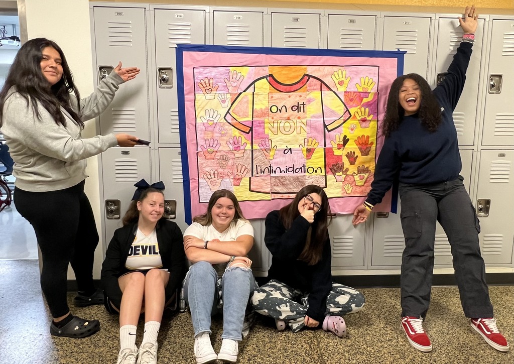 Dr. McNab's French students made collective posters this week. French 3, "We say 'no' to intimidation." French 2, "Inclusion is the solution."  French 1, "In a world where you can be anything you want, be...kind, patient, inclusive etc."  #BDP #BetterEveryDay #ForksUp