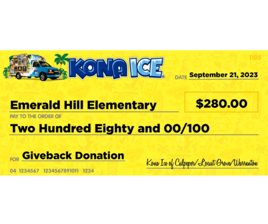 Kona Ice donation check 280 dollars